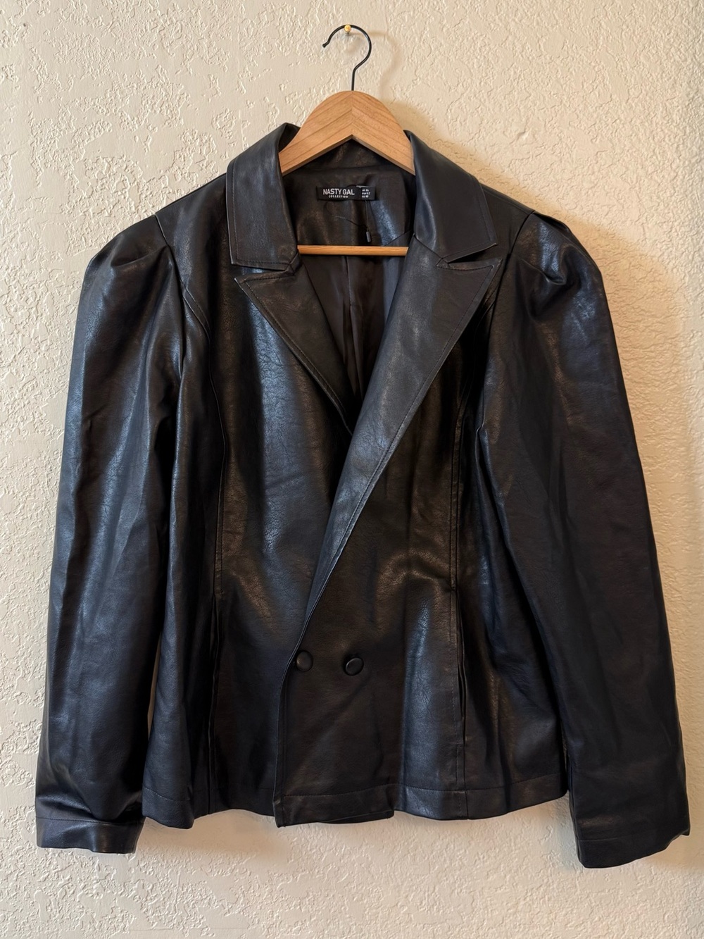 NASTY GAL Black Faux Leather Double-Breasted Jacket. Size 10